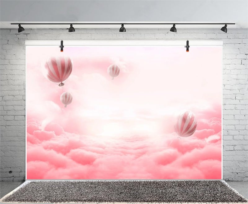 AOFOTO 7x5ft Sweet Hot Air Balloon in Dreamy Sky with Pink Clouds Background Girl Birthday Party Decoration Photography Backdrop Baby Shower Banner Newborn Portrait Photo Studio Props Vinyl Wallpaper - Image 2